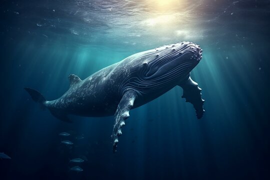 An underwater photograph capturing a magnificent whale in the ocean. Generative AI