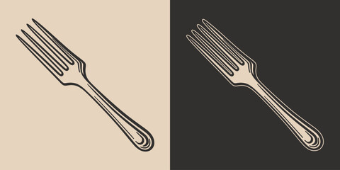 Set of vintage forks steel metal. Can be used for restaurant food menu emblem logo. Graphic Art. Vector. Hand drawn element in engraving