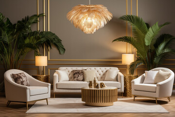 Modern living room with sofa and lamp. Classic interior design light pink and golden colors