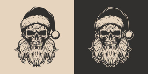 Set of vintage retro tattoo bad scary horror spooky skull skeleton santa claus in hat. Merry christmas xmas new year holiday halloween poster. Graphic Art. Engraving