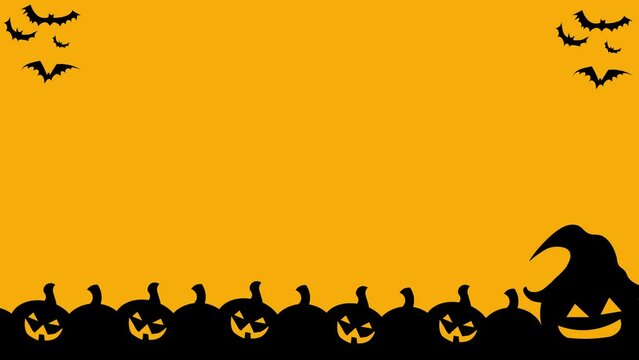 Halloween animation backdrop in yellow and black tones featuring pumpkin heads, bats, and a designated space for adding text or images