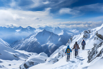 Happy Skiing Family Enjoying a Sunny Day in the French Alps - obrazy, fototapety, plakaty