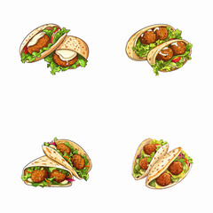 set of falafel watercolor illustrations for printing on baby clothes, pattern, sticker, postcards, print, fabric, and books