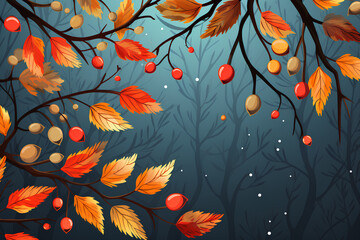 an Illustration of Autumn Branches with Cartoon Colored Leaves and Acorns background. Generative AI