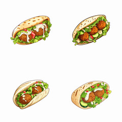 set of falafel watercolor illustrations for printing on baby clothes, pattern, sticker, postcards, print, fabric, and books
