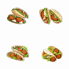 set of falafel watercolor illustrations for printing on baby clothes, pattern, sticker, postcards, print, fabric, and books