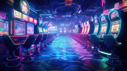 A neon-soaked cyberpunk casino at midnight - obrazy, fototapety, plakaty