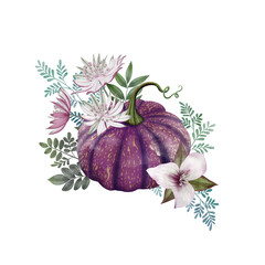 Purple pumpkin, Great Masterwort  flowers, Trillium flower, leaves branches watercolor arrangement isolated on white Elegant Thanksgiving composition Autumn botanical illustration