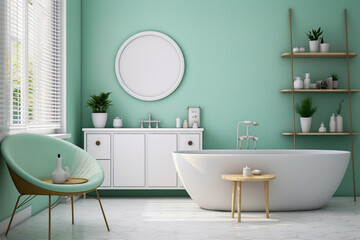 Fototapeta na wymiar Modern bathroom with mirror. Light green and white colors, minimalistic interior design