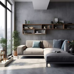 The interior of the gray living room with modern luxurious sofas and shelves with dark window lighting.