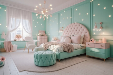 Modern bedroom with cozy bed. Light green and white colors, minimalistic interior design