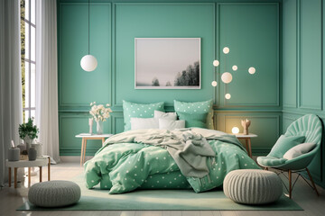 Modern bedroom with cozy bed. Light green and white colors, minimalistic interior design