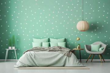 Fototapeta na wymiar Modern bedroom with cozy bed. Light green and white colors, minimalistic interior design