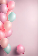 Fototapeta na wymiar Lots of bright colorful pastel balloon decorations and space for text against colored cute background. Baby birth or birthday celebration background.
