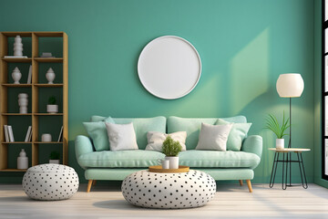Modern living room with sofa. Light green and white colors, minimalistic interior design