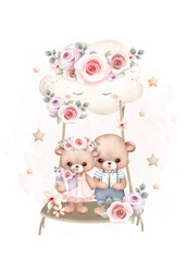 Watercolor illustration couple Teddy bear swings on cloud with stars
