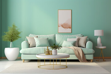 Modern living room with sofa. Light green and white colors, minimalistic interior design