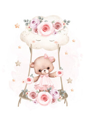Watercolor illustration Teddy bear swings on cloud with stars