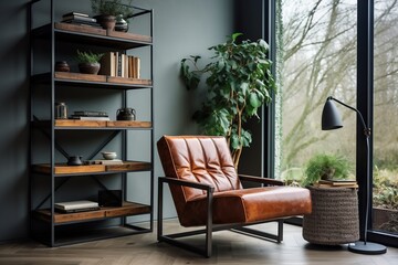 A 3D image of the interior of a house with colored leather chairs matching the modern wooden shelf scene with light shining from the window.