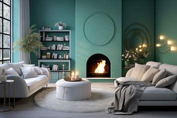 Modern living room with sofa. Light green and white colors, minimalistic interior design