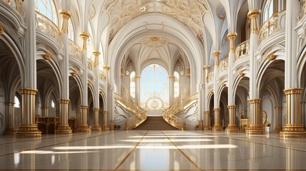 3d for Empty hall interior with luxurious ornaments glitter of church or palace clean white tones with arches windows doors and beautiful.