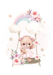 Watercolor illustration Teddy bear swings on rainbow with stars