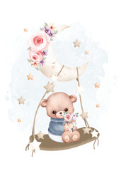 Watercolor illustration Teddy bear swings on moon with stars