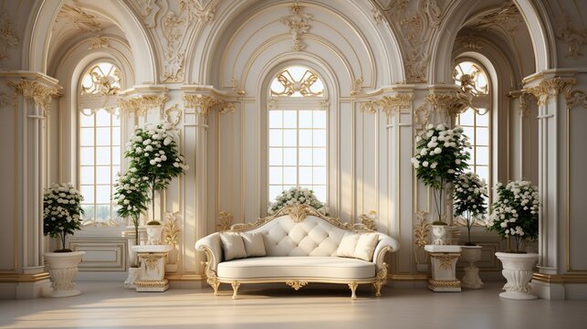 Empty hall interior with luxurious ornaments glitter of church or palace clean white tones with arches windows doors and beautiful.