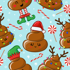 Christmas Poop pattern design with several feces - funny hand drawn doodle, seamless pattern. Adorable Xmas characters. Hand drawn doodle set for kids. Good for textile, nursery, wallpaper.