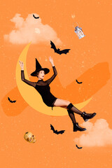 Composite collage funky magic sorcerer woman young age falling down nightmares moon skeleton decor...