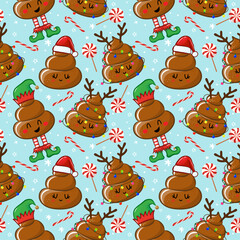 Christmas Poop pattern design with several feces - funny hand drawn doodle, seamless pattern. Adorable Xmas characters. Hand drawn doodle set for kids. Good for textile, nursery, wallpaper.