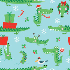 Christmas Crocodile pattern design with several alligators - funny hand drawn doodle, seamless pattern. Adorable Xmas characters. Hand drawn doodle set for kids. Good for textile, nursery, wallpaper.