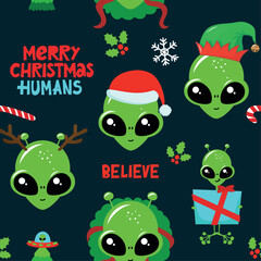 Merry Christmas humans - Cute green cartoon alien seamless pattern. Handwritten ufo quote, hand drawn doodle with funny character. Doodle design and lettering.