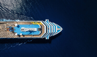 Aerial top down view of a cruise ship bow traveling over blue ocean