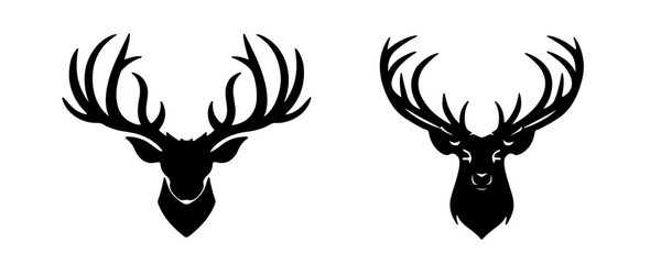Reindeer head with beautiful horns silhouette isolated on white background. Vector illustration