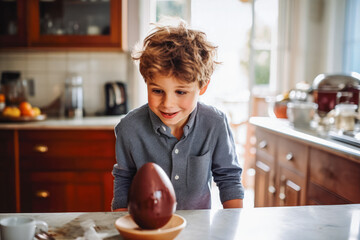 Boy standing by the window eating a large chocolate easter egg. Easter with spring flowers and eggs. Celebrating easter holidays with the family.