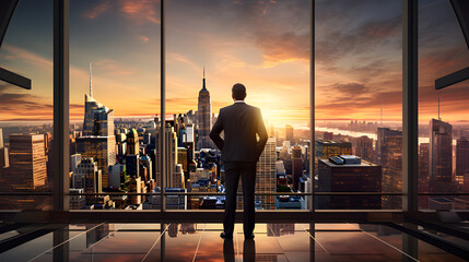 A businessperson stands silhouetted against a large window pane, gazing out into the sprawling...