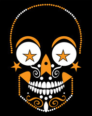 Skull icon orange color with stars and ornament details, vector illustration background