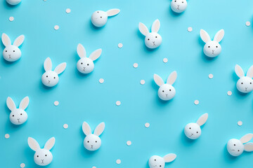 Obraz premium Easter pattern made with eater bunnies on a blue background. Easter background with cute bunnies. Celebrating easter holidays.