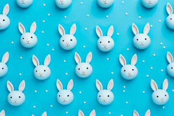 Obraz premium Easter pattern made with eater bunnies on a blue background. Easter background with cute bunnies. Celebrating easter holidays.