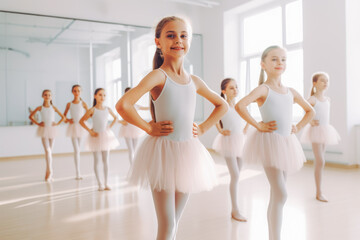 Group of little kids having a dance class. Group of adorable little girls in ballet dresses...