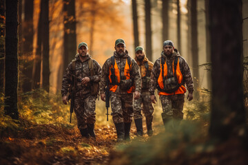 Group of hunters during hunting in forest. Group of men on a hunting expedition in the forest, wearing brown jackets and reflective gear. - obrazy, fototapety, plakaty