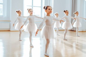 Group of little kids having a dance class. Group of adorable little girls in ballet dresses practicing ballet in a dance room. - obrazy, fototapety, plakaty