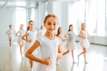 Obraz premium Group of little kids having a dance class. Group of adorable little girls in ballet dresses practicing ballet in a dance room.