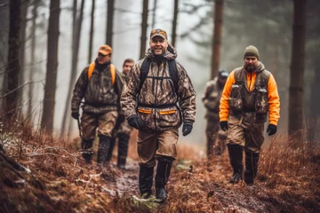 Fotobehang Group of hunters during hunting in forest. Group of men on a hunting expedition in the forest, wearing brown jackets and reflective gear. © VisualProduction