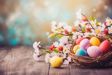 Obraz premium Happy easter. Celebratory easter background banner. Easter background with spring flowers and eggs. Celebrating easter holidays.