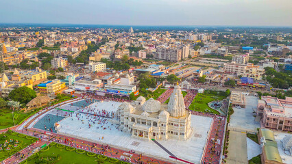 Prem Mandir aerial view from my dji mini 3pro drone, This Hindu temple in Vrindavan, Mathura, India. It is maintained by Jagadguru Kripalu Parishat, - obrazy, fototapety, plakaty