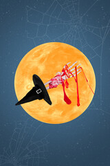 Vertical collage picture of enchant headwear skeleton bloody arm full moon spider web isolated on...