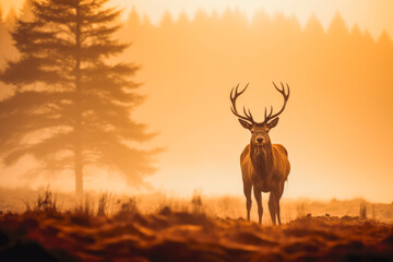 Red deer stag silhouette in the misty morning. Wildlife photography. Rare red beautiful stag in the forest.
