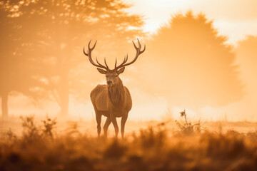 Naklejka na ściany i meble Red deer stag silhouette in the misty morning. Wildlife photography. Rare red beautiful stag in the forest.